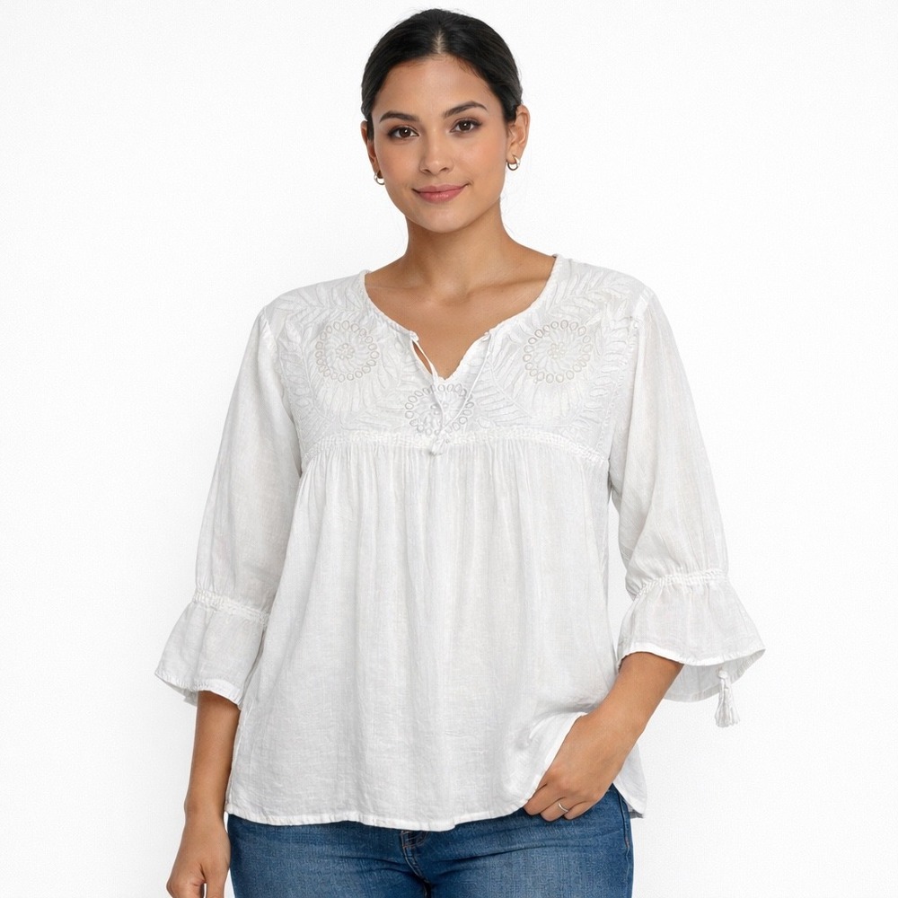 Embroidered White Blouse Womens Boho V Neck Tunic Top‎ measures M